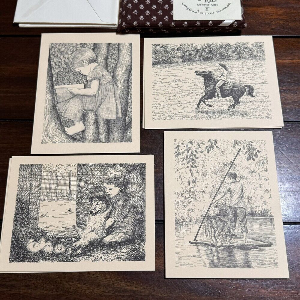 Country Kids Note Card Set of 8 with Envelopes Pencil Drawings Country Cousin
